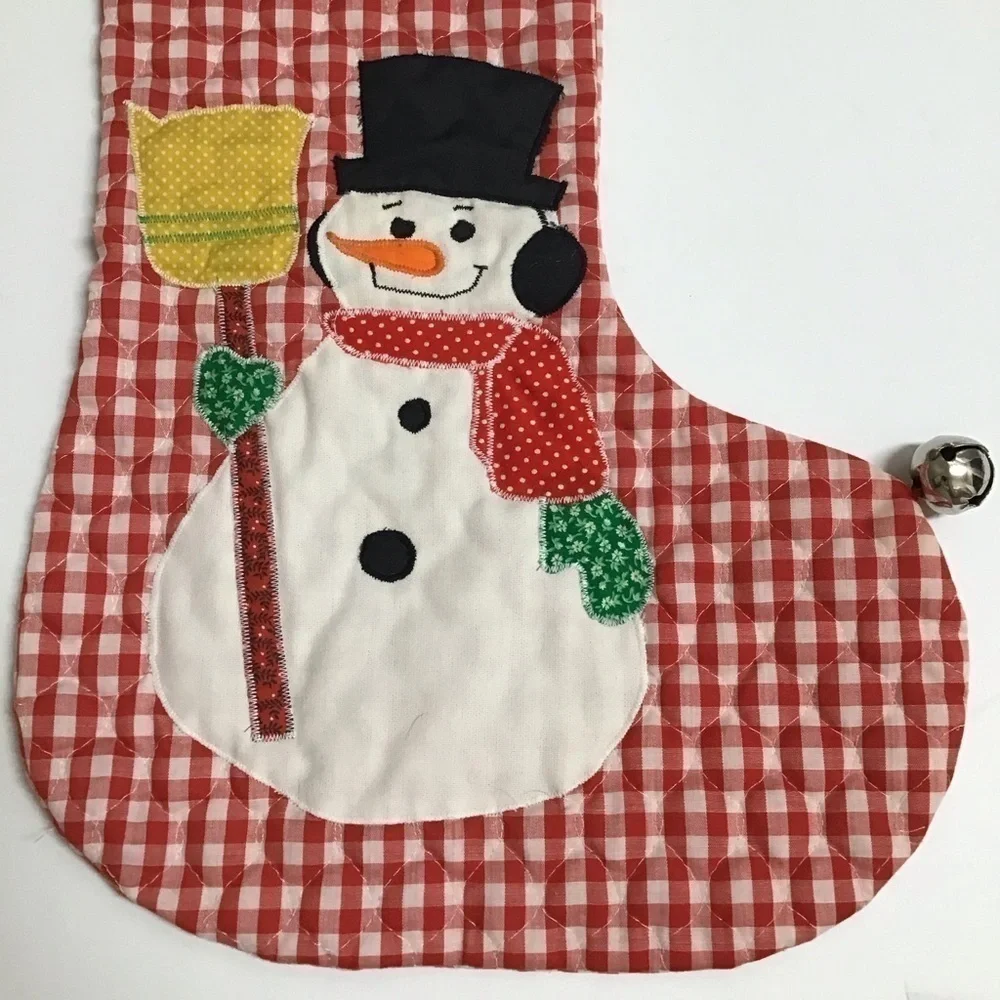 Vintage 80s Snowman Christmas Stocking Quilted Applique Handmade Red Gingham 18”
